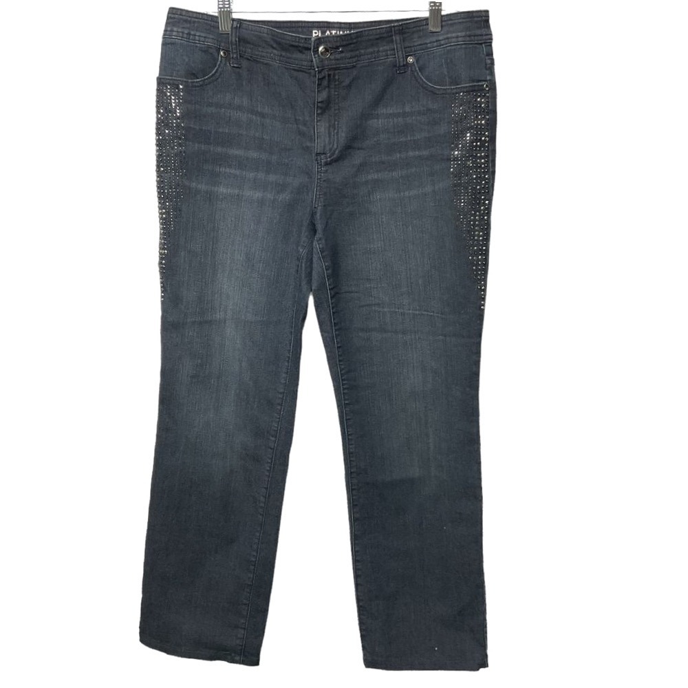 Chico's Platinum Embellished Denim Cropped Jeans Size 12 Large Blue Dark Wash